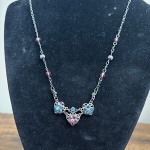 1928 Silver-Tone Floral Crystal Necklace in Pink & Blue